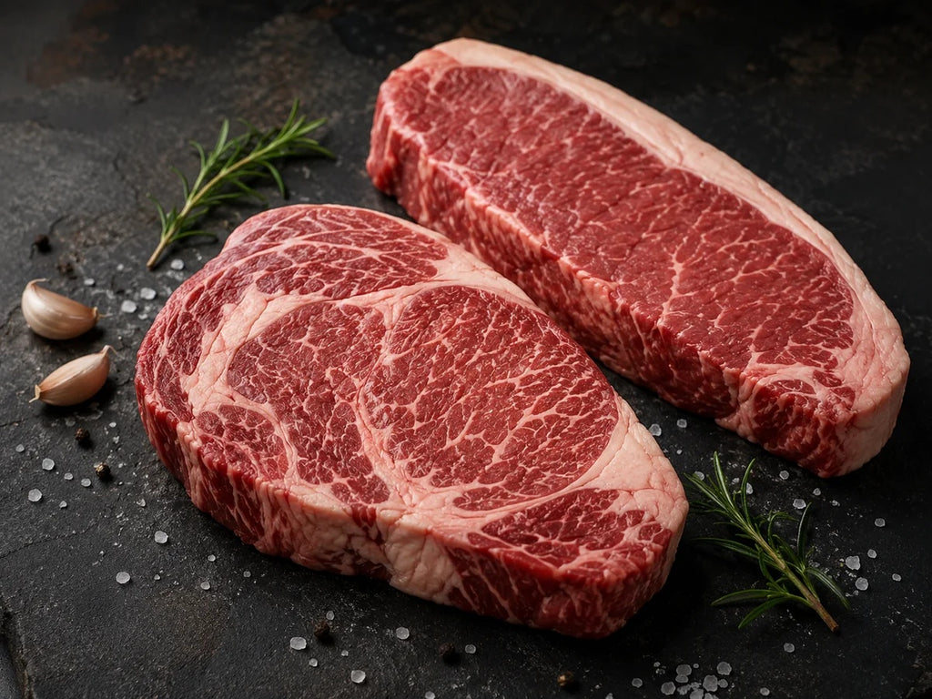 Brazilian Angus ribeye and striploin steaks, 250g cuts