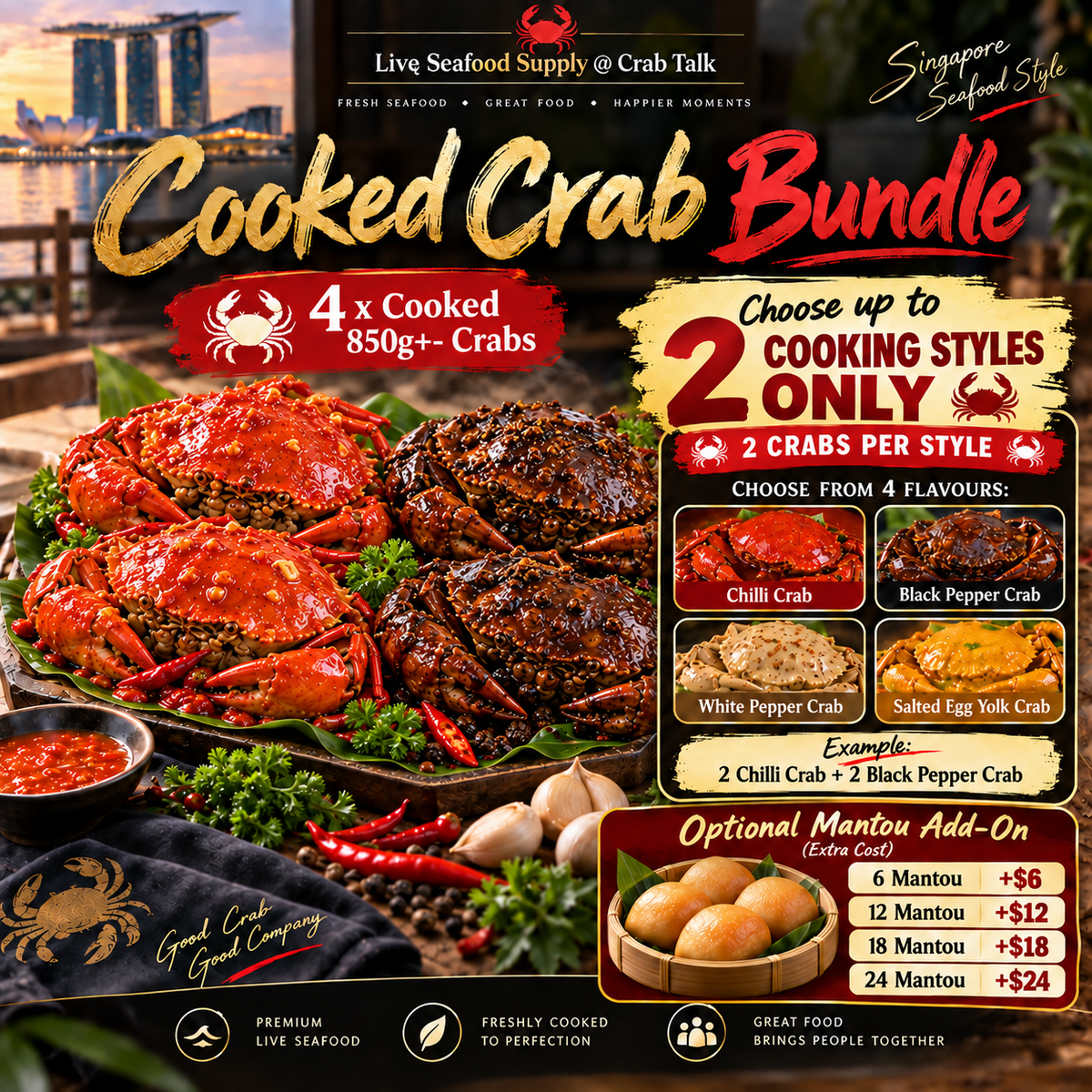 Four cooked mud crabs with optional mantou and up to two cooking styles