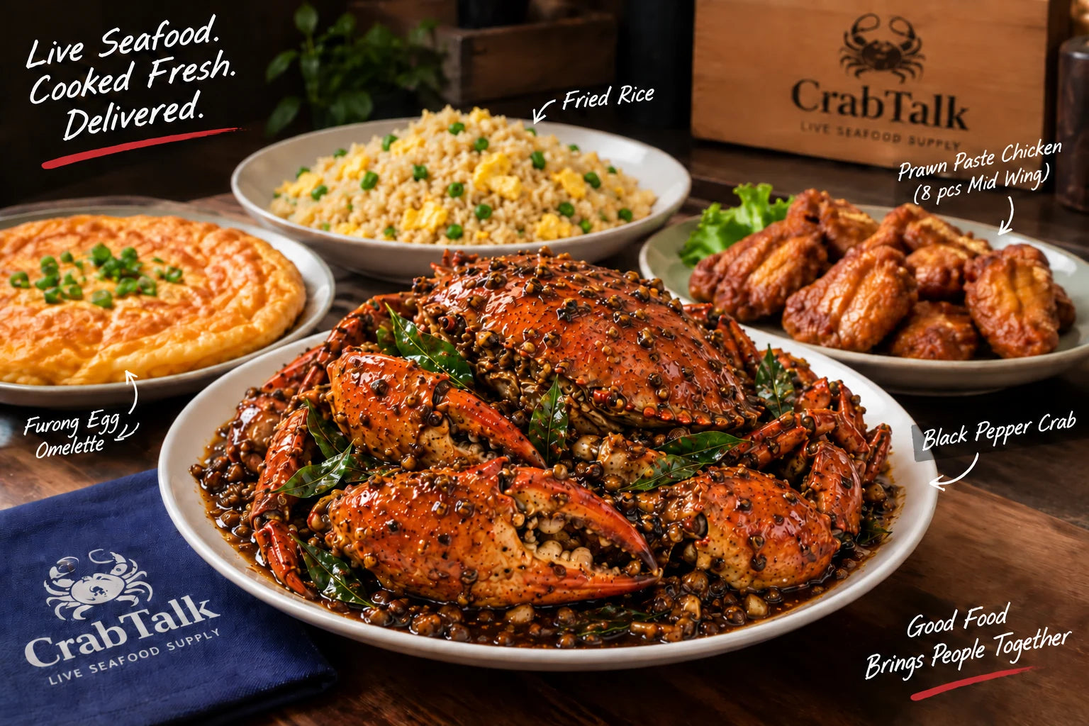 Crab Talk black pepper crab 4-pax family feast with fried rice and prawn paste chicken