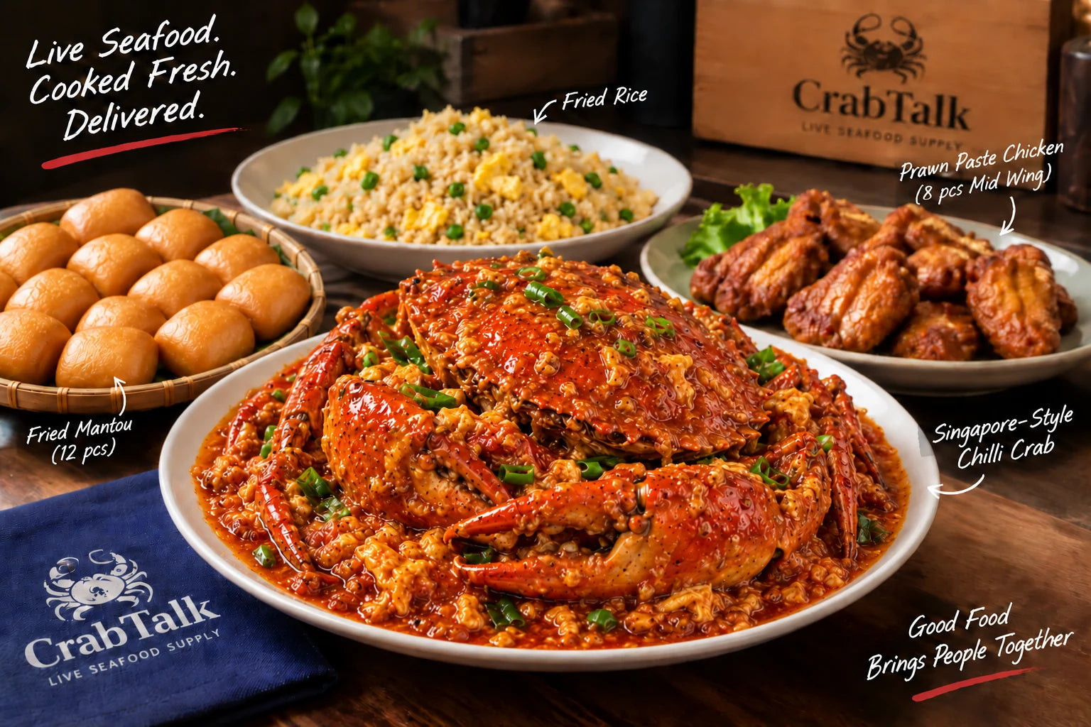 Crab Talk chilli crab 4-pax family feast with fried rice, prawn paste chicken and mantou