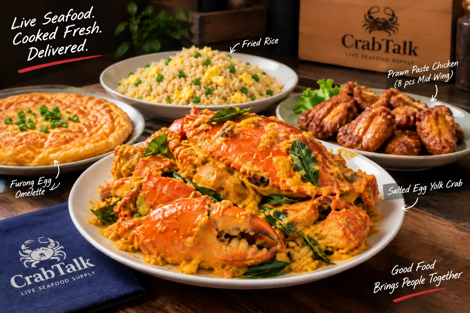 Crab Talk salted egg yolk crab 4-pax family feast with fried rice and prawn paste chicken